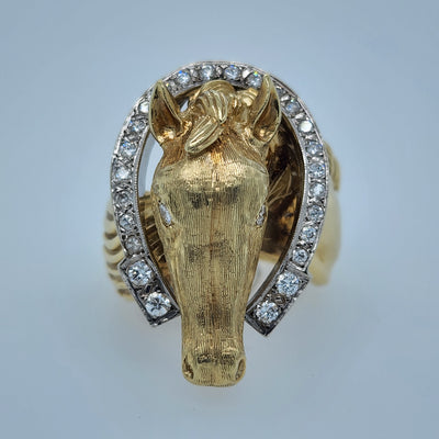 Custom Hand Carved Men's Yellow Gold Horse Ring