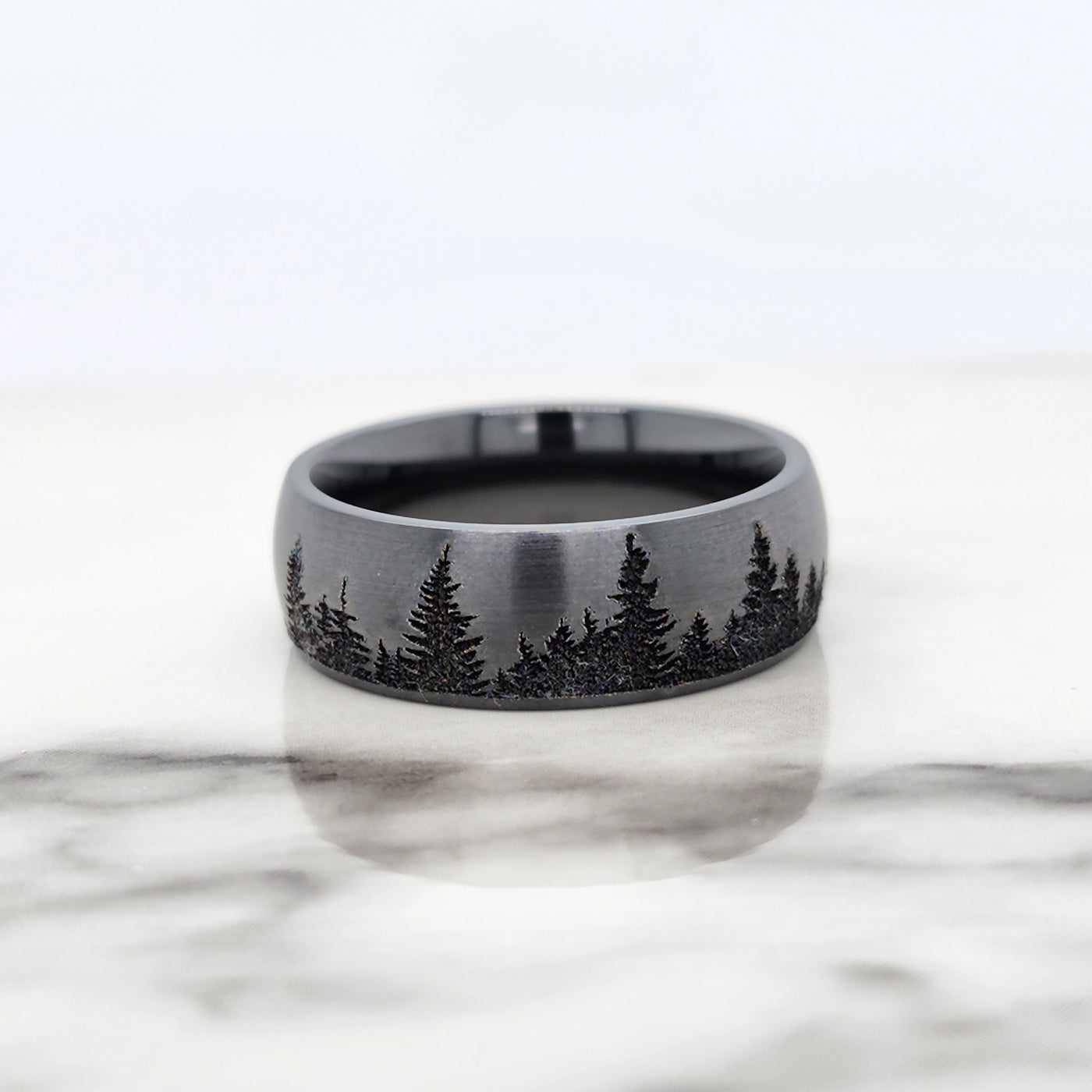 Men's Wedding Band With Tree Engraving and Satin Finish