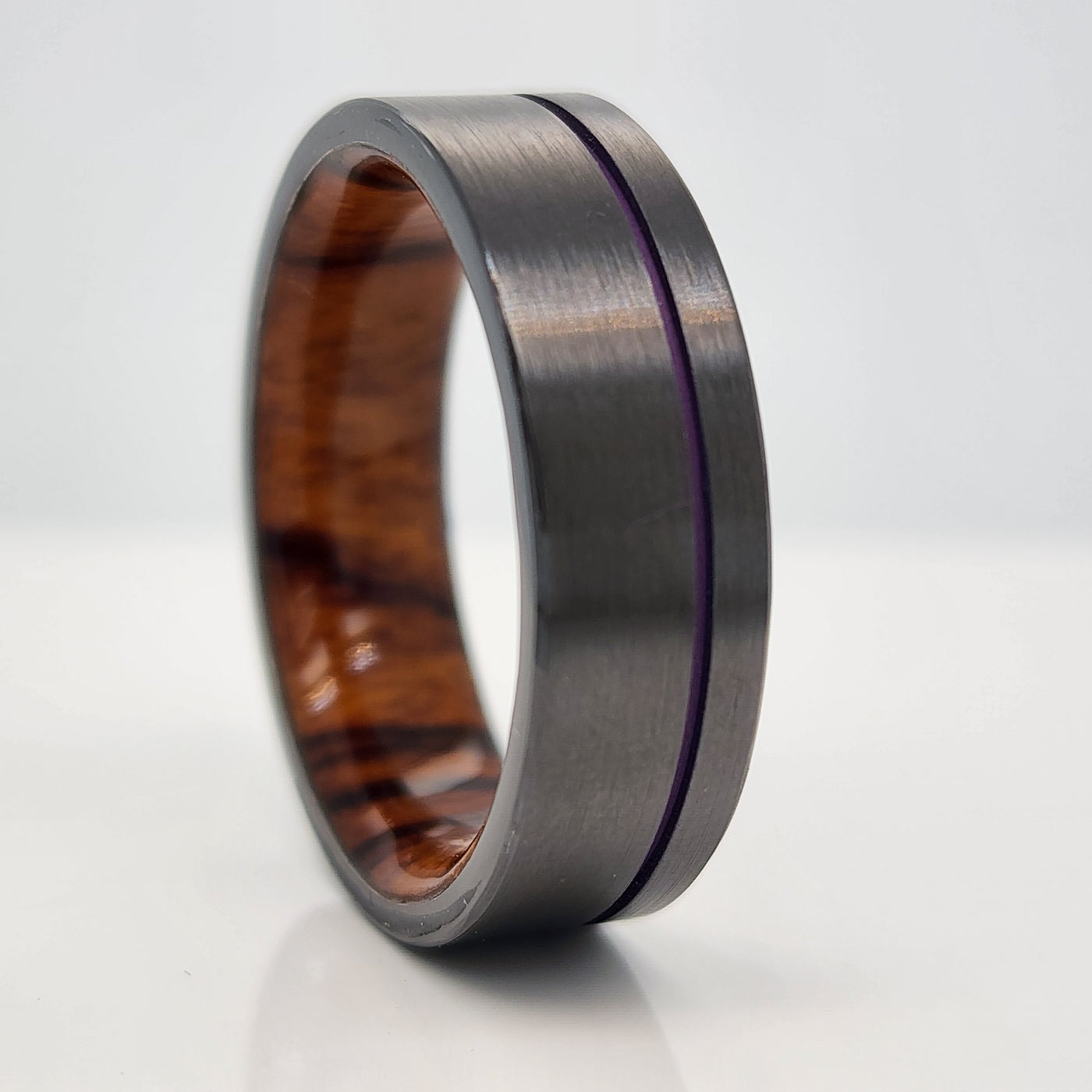 Men's Wedding Band With Wooden Sleeve and Purple Enamel Inlay