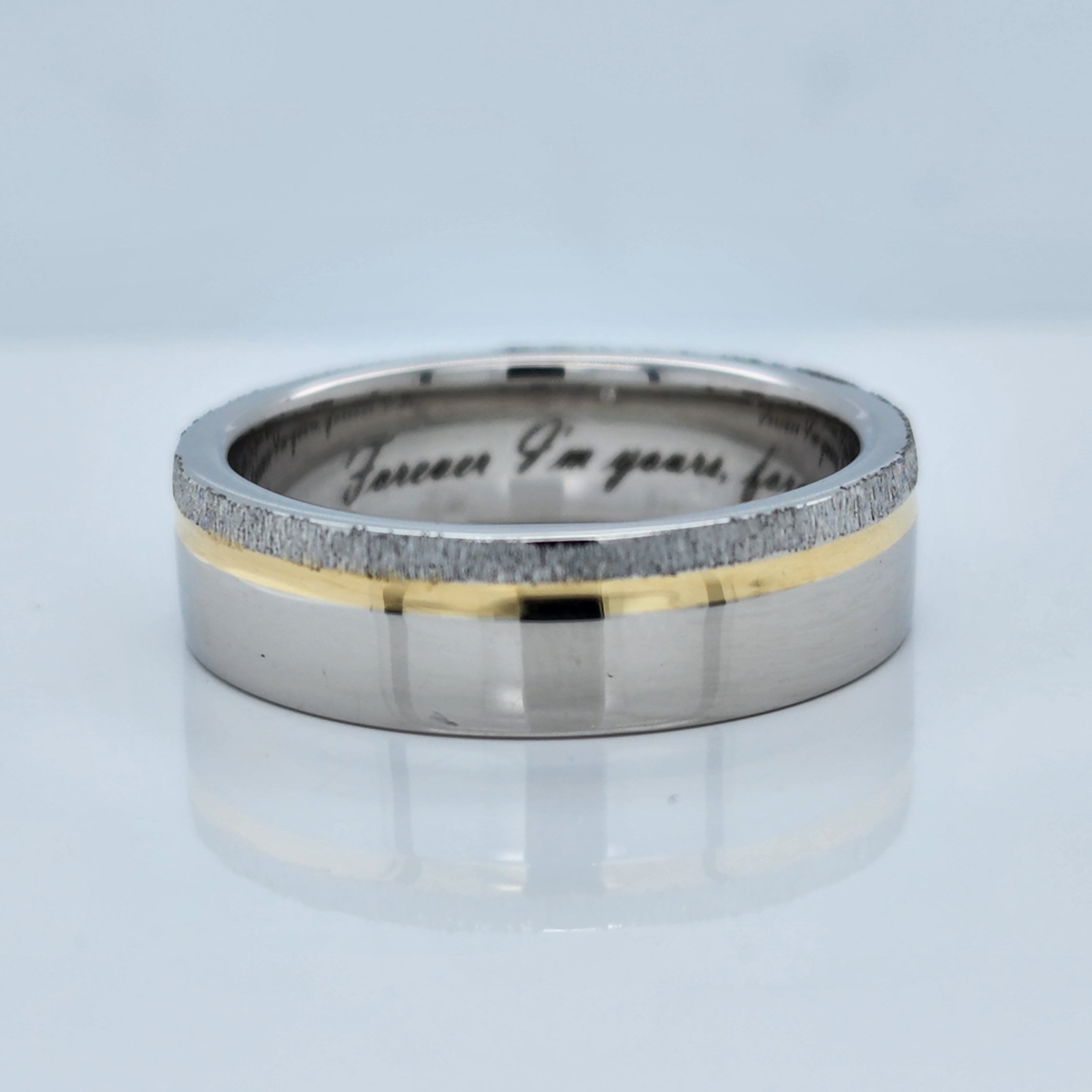 Men s White Gold Wedding Band With Yellow Gold Inlay and Special Finis