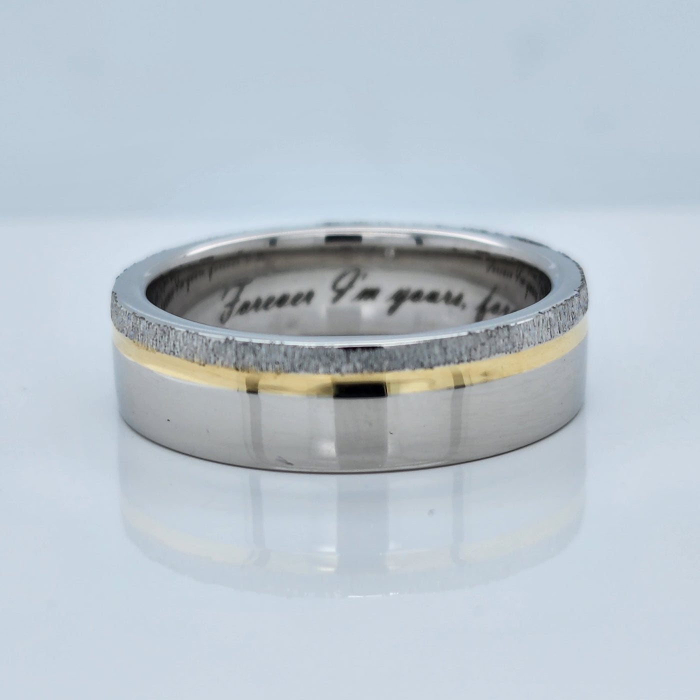Men's White Gold Wedding Band With Yellow Gold Inlay and Special Finish