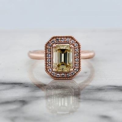 Rose Gold Engagement Ring With Emerald Cut Yellow Moissanite and Gemstone Accents