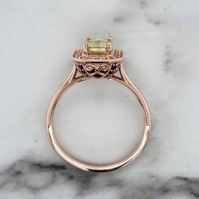 Rose Gold Engagement Ring With Emerald Cut Yellow Moissanite and Gemstone Accents