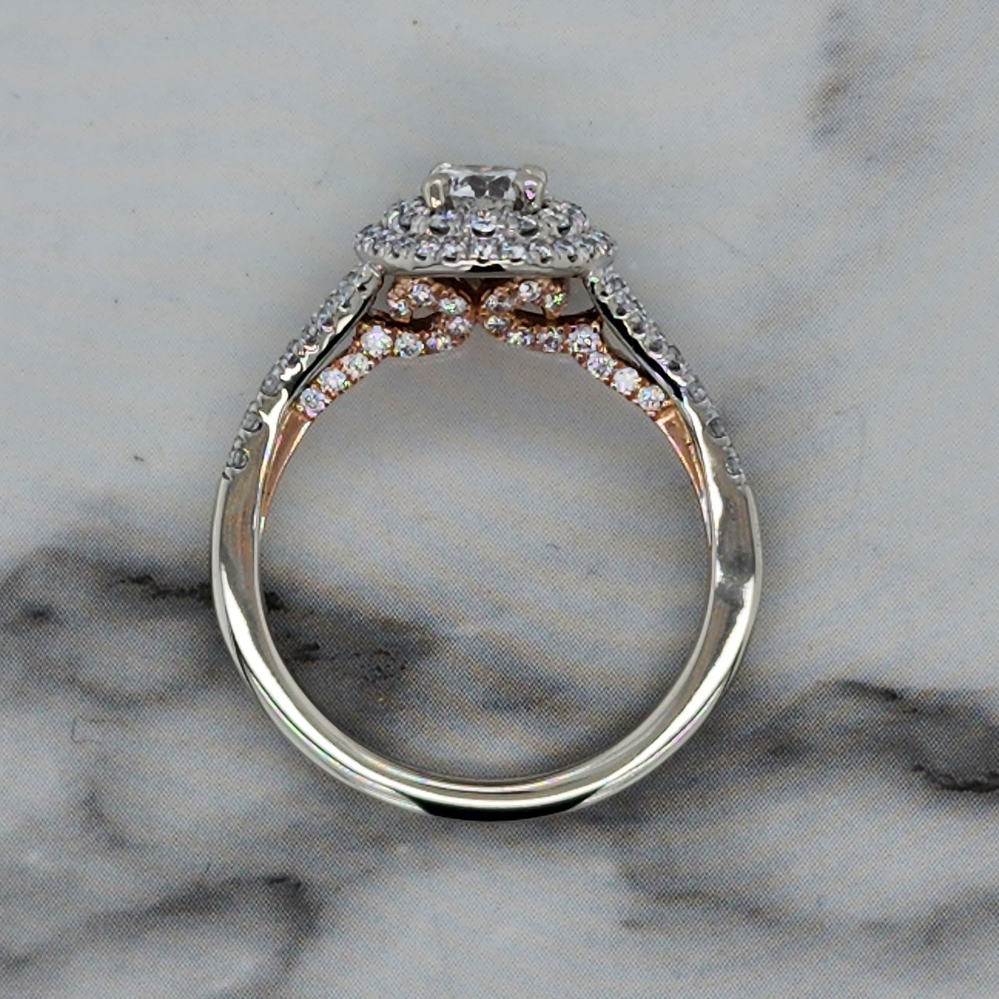 2 Tone White and Rose Gold Engagement Ring With Round Diamond and Double Halo