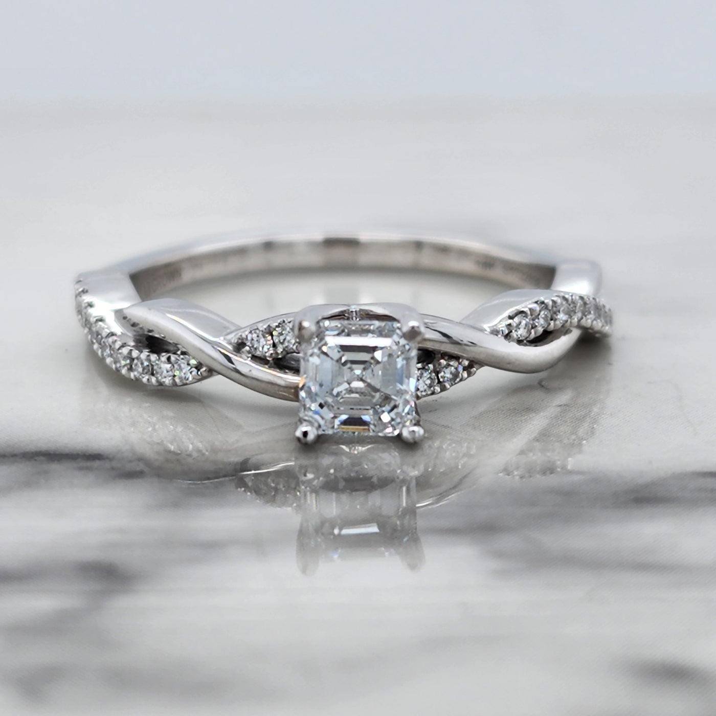 Custom White Gold Engagement Ring With Asscher Cut Center and Round Accent Stones