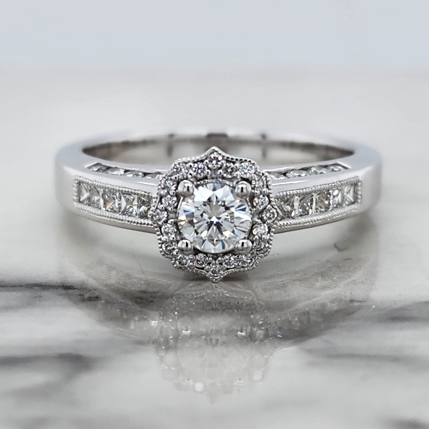 Custom White Gold Engagement Ring With Round Center and Diamond Accents