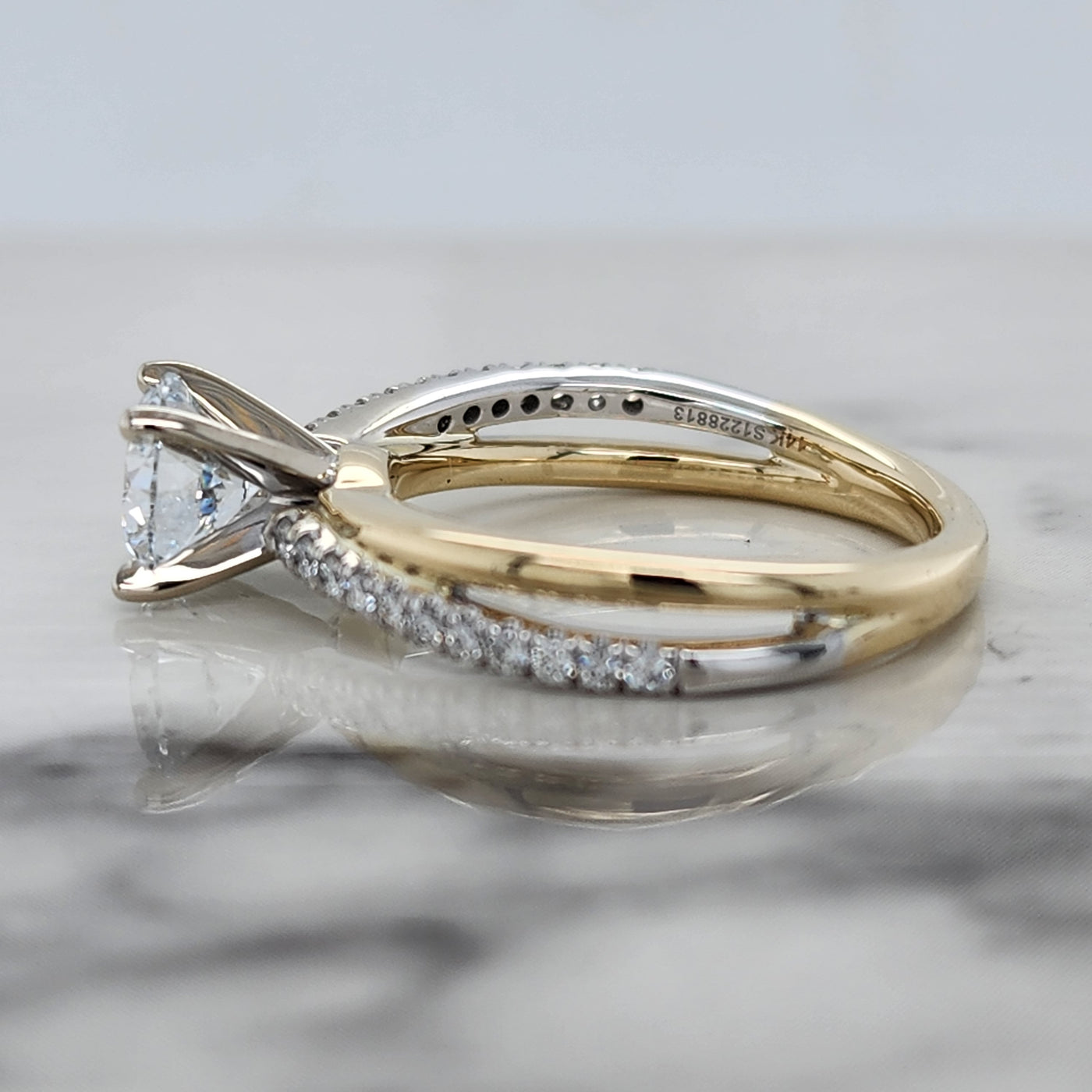 2 Tone Yellow and White Gold Engagement Ring With Round Center and Round Accents