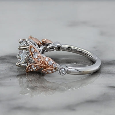 2 tone white and rose gold engagement ring with floral detail