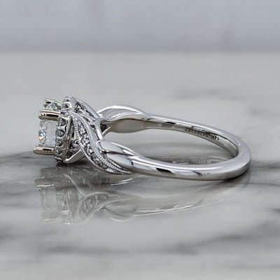 White Gold Engagement Ring With Accent Diamonds and Floral Detail
