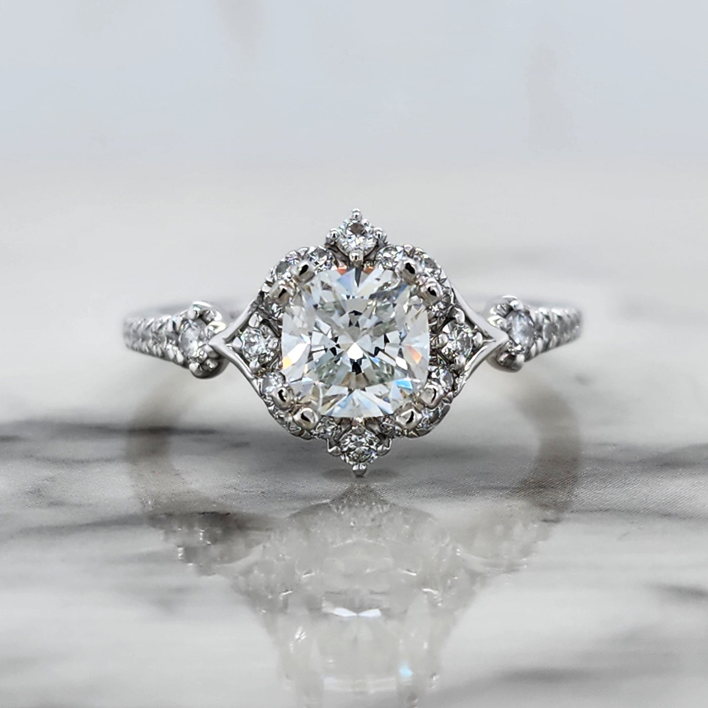 White Gold Cushion Cut Engagement Ring With Halo and Accent Diamonds