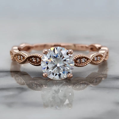 Rose Gold Round Engagement Ring With Milgrain Detail and Diamond Accents