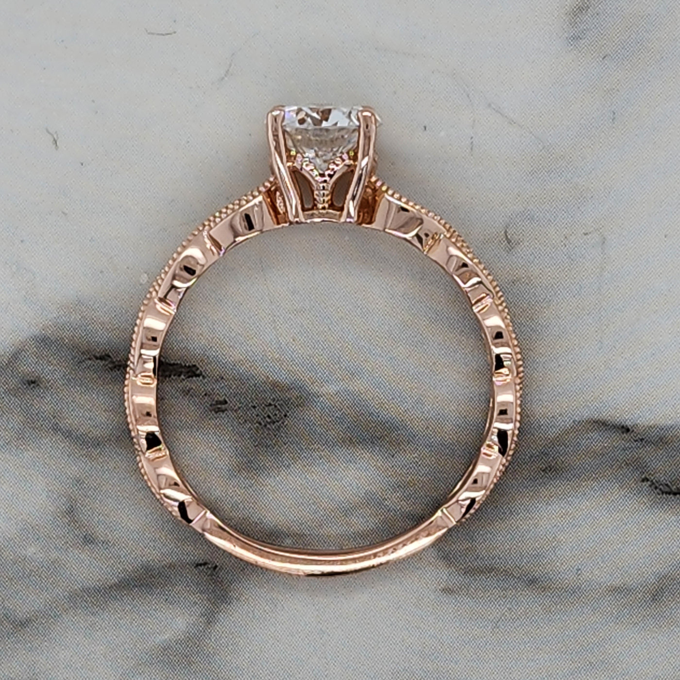 Rose Gold Round Engagement Ring With Milgrain Detail and Diamond Accents