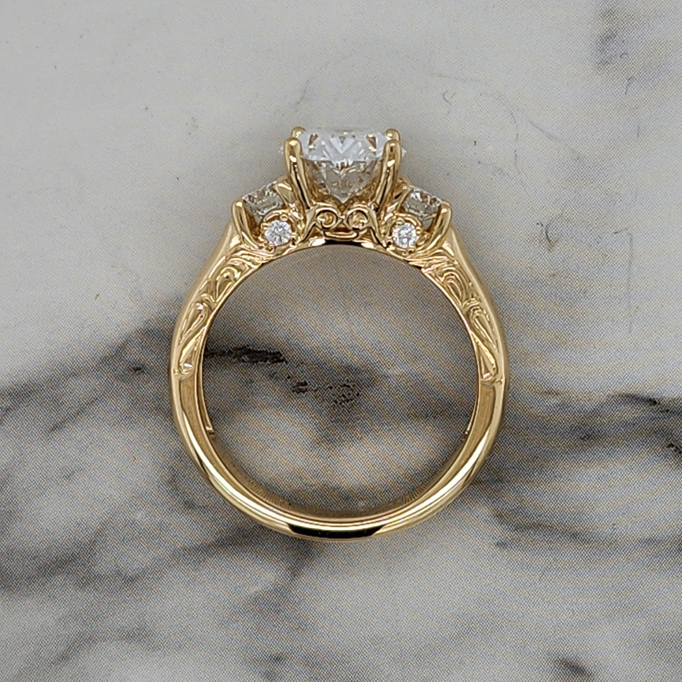 Custom Yellow Gold 3 Stone Oval Engagement Ring With Floral Scroll Detail