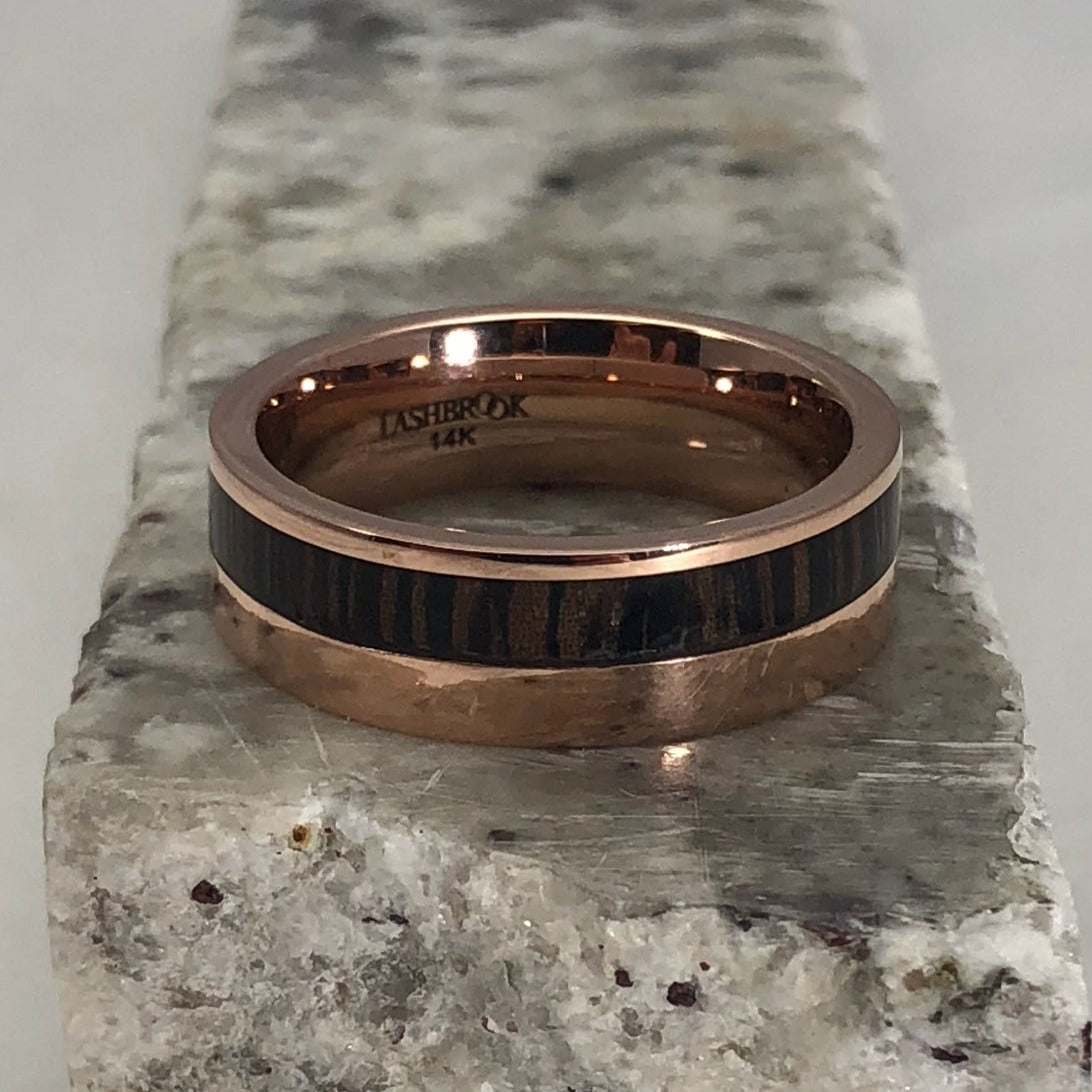 rose gold wedding band with cross wood inlay