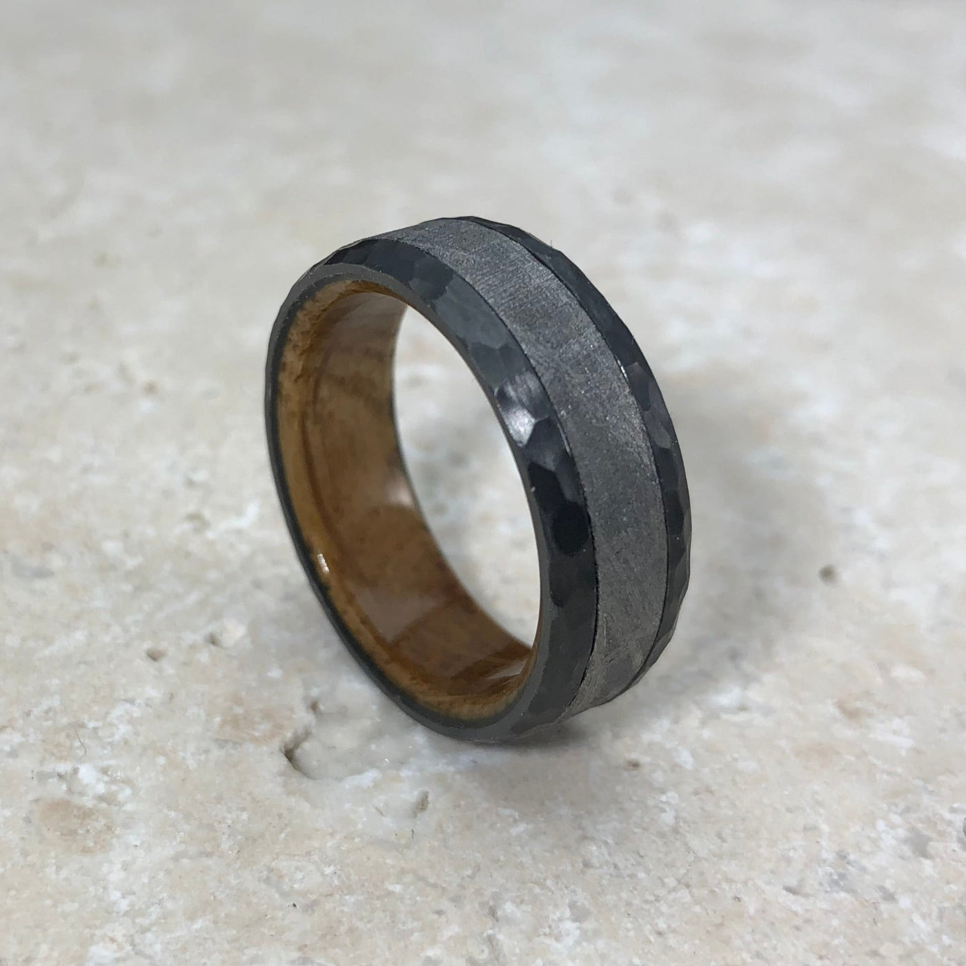 Meteorite Inlay Zirconium Ring With Wood Sleeve and hammered finish