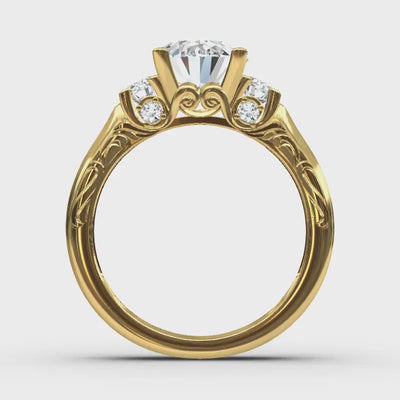 Custom Yellow Gold 3 Stone Oval Engagement Ring With Floral Scroll Detail
