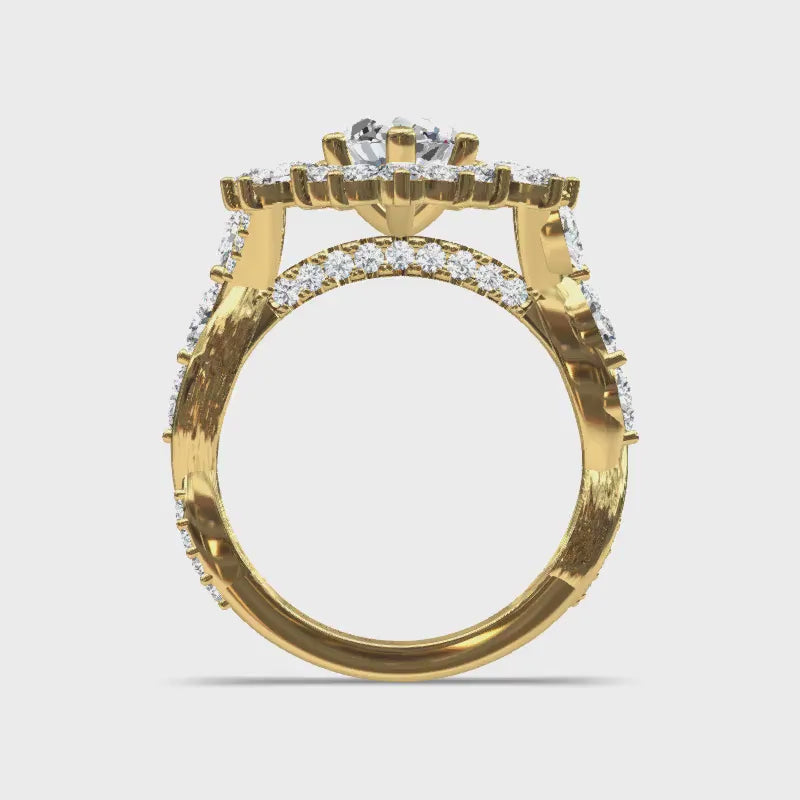 Custom Yellow gold marquise engagement ring with unique halo