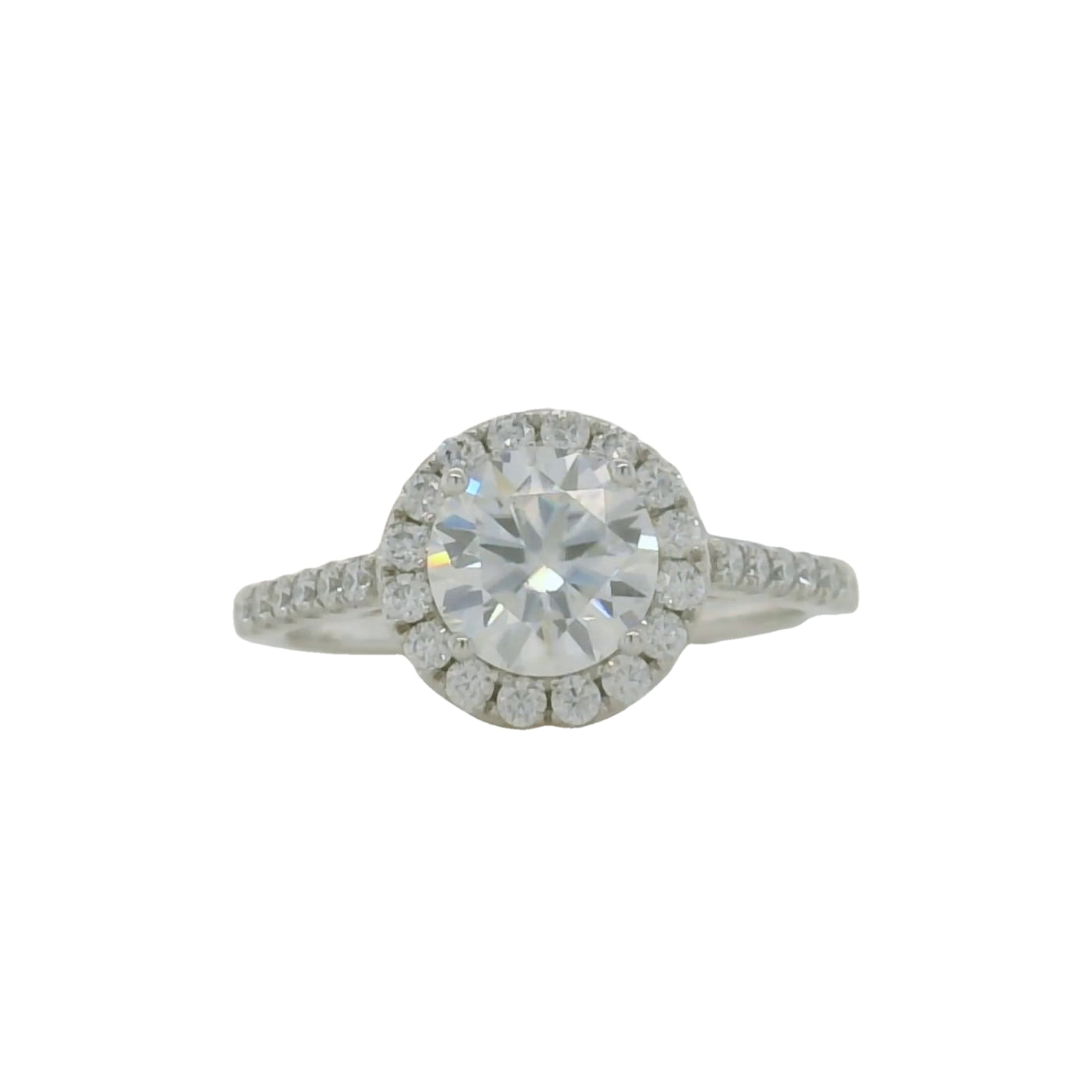 white gold round moissanite engagement ring with halo and side stones