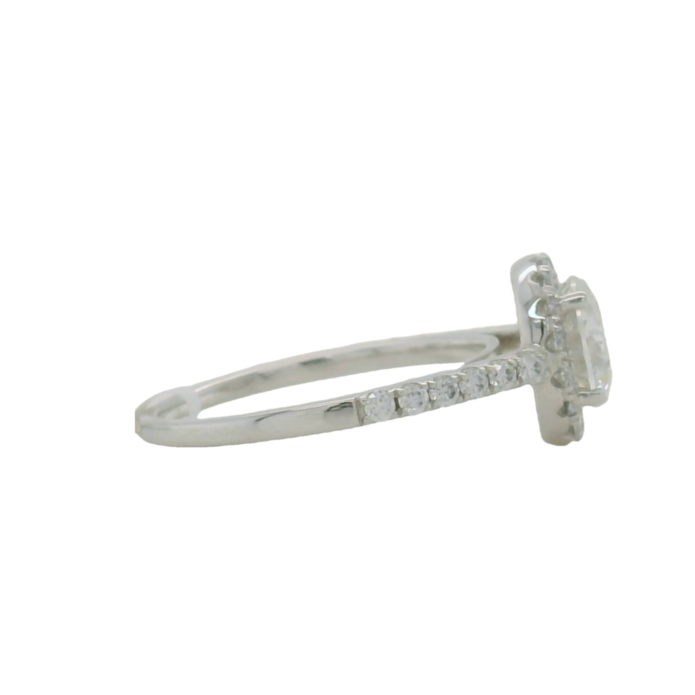 white gold round moissanite engagement ring with halo and side stones