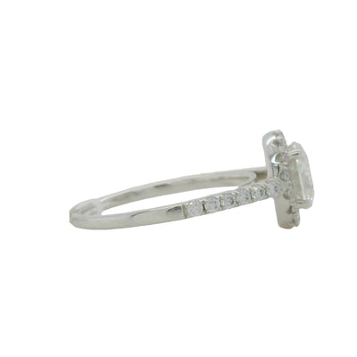 white gold round moissanite engagement ring with halo and side stones