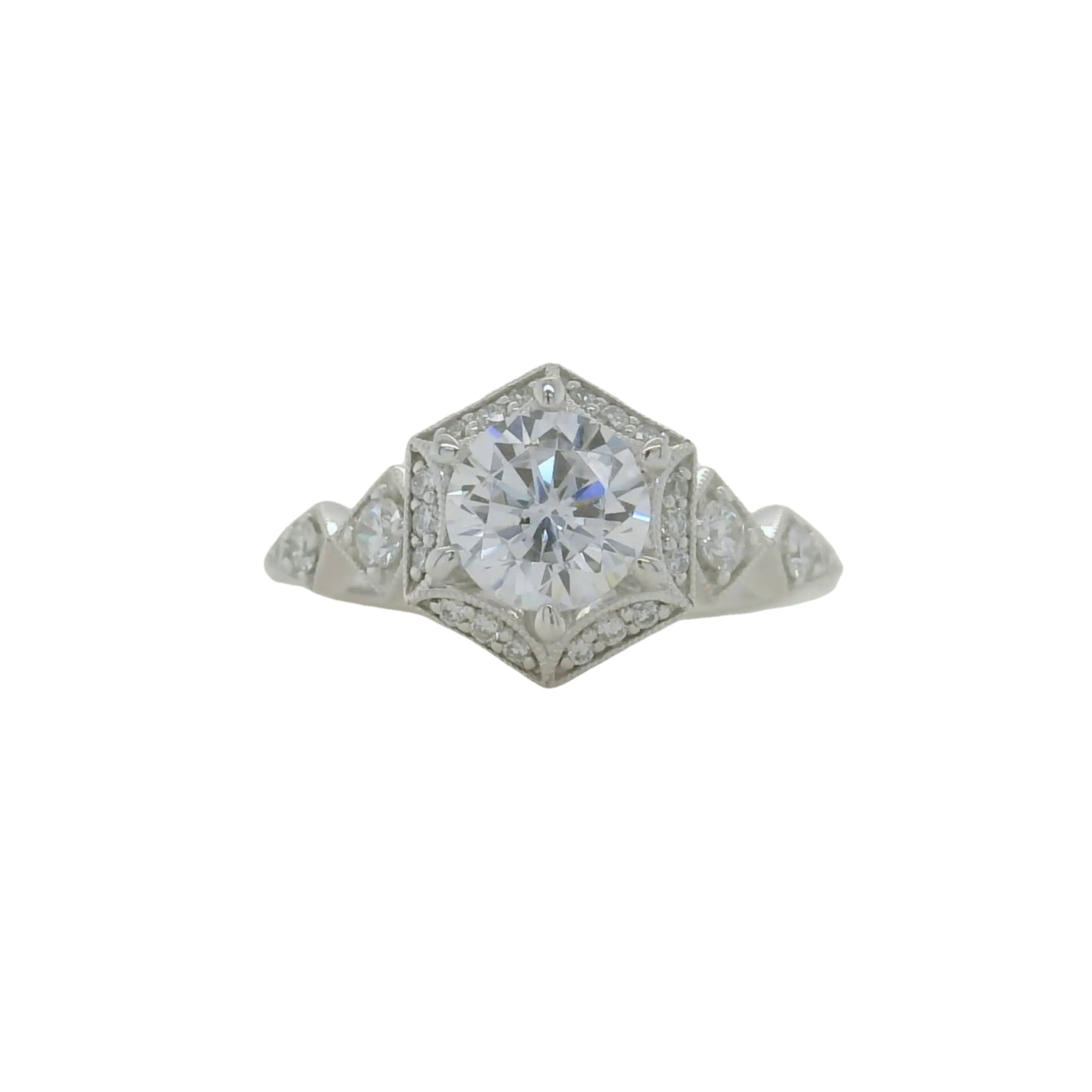 14k white gold semi mount engagement ring with hexagon halo and accent diamonds