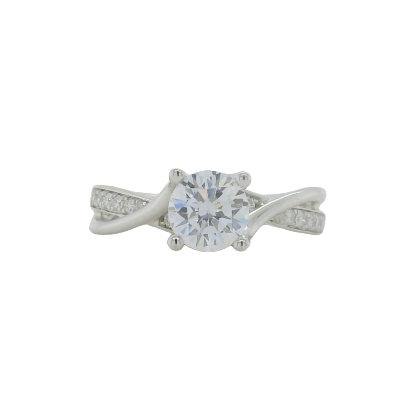 white gold semi mount engagement ring with round diamond accent stones and twist design