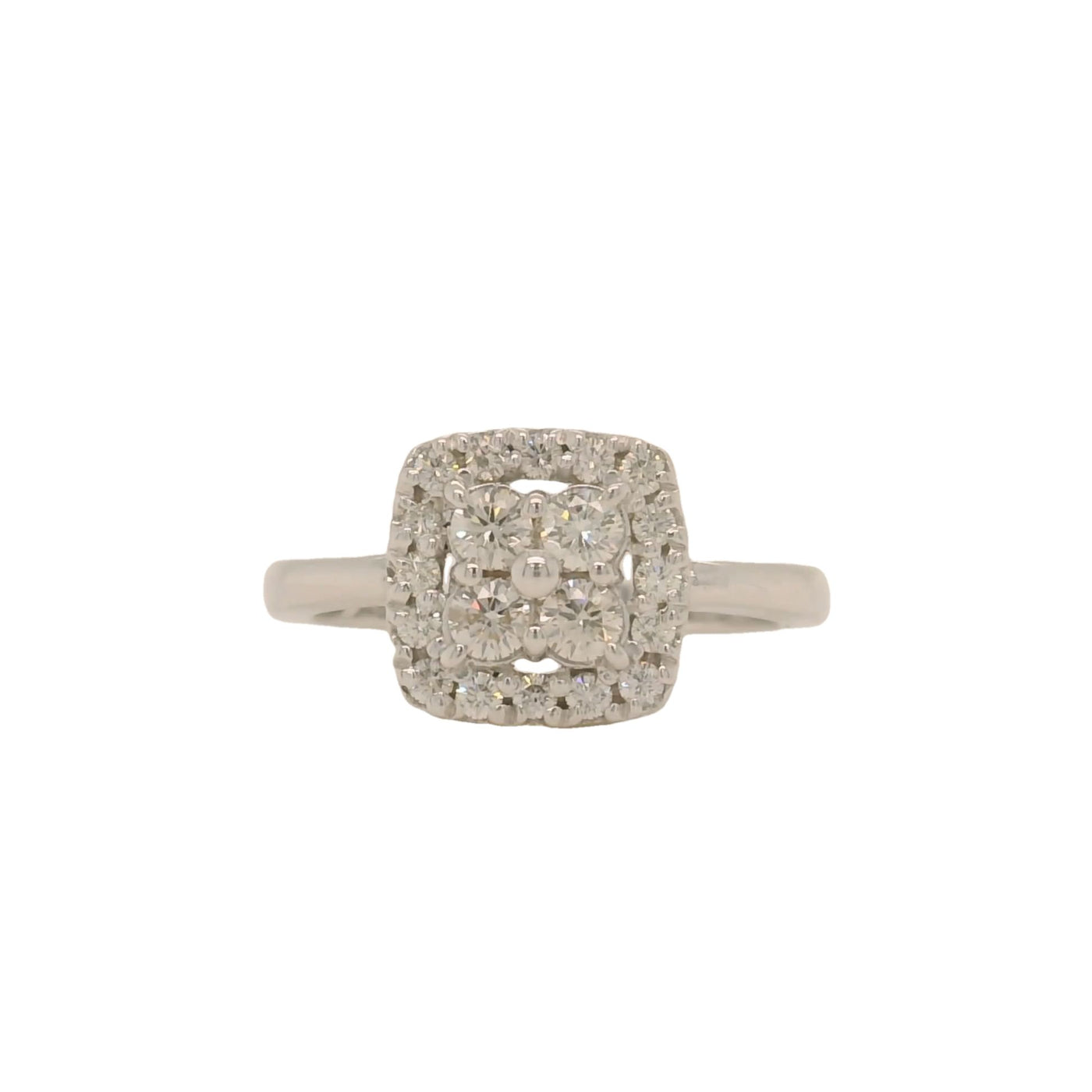 white gold cushion shaped cluster engagement ring with accent diamonds