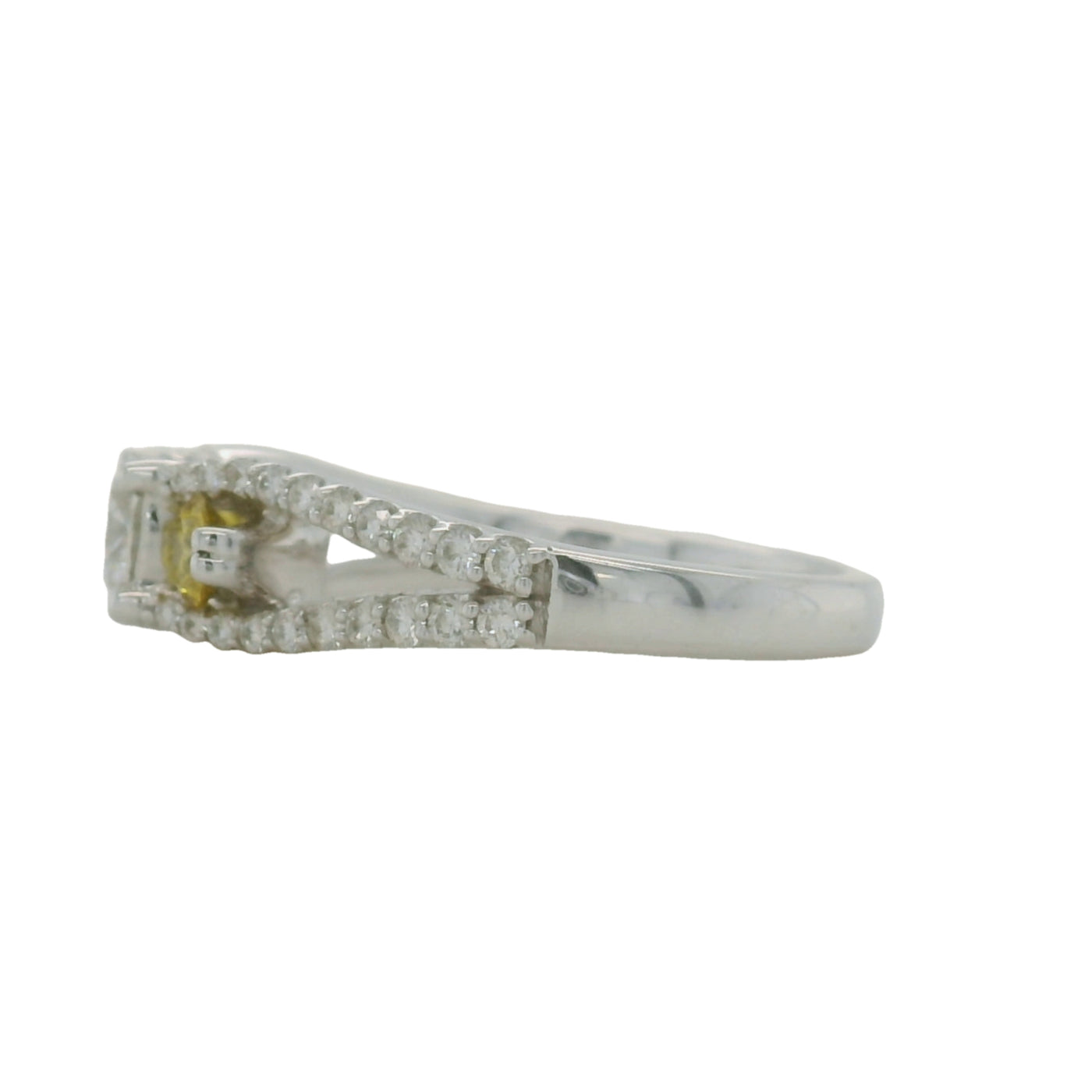 White Gold Diamond 3 Stone Engagement Ring With Yellow Accent Diamonds