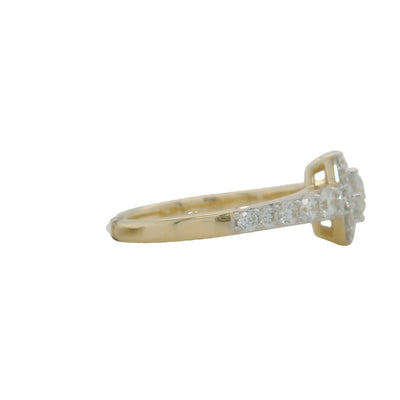 yellow gold hexagon halo engagement ring with round center stone and round accent diamonds