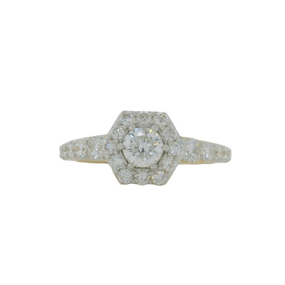 yellow gold hexagon halo engagement ring with round center stone and round accent diamonds