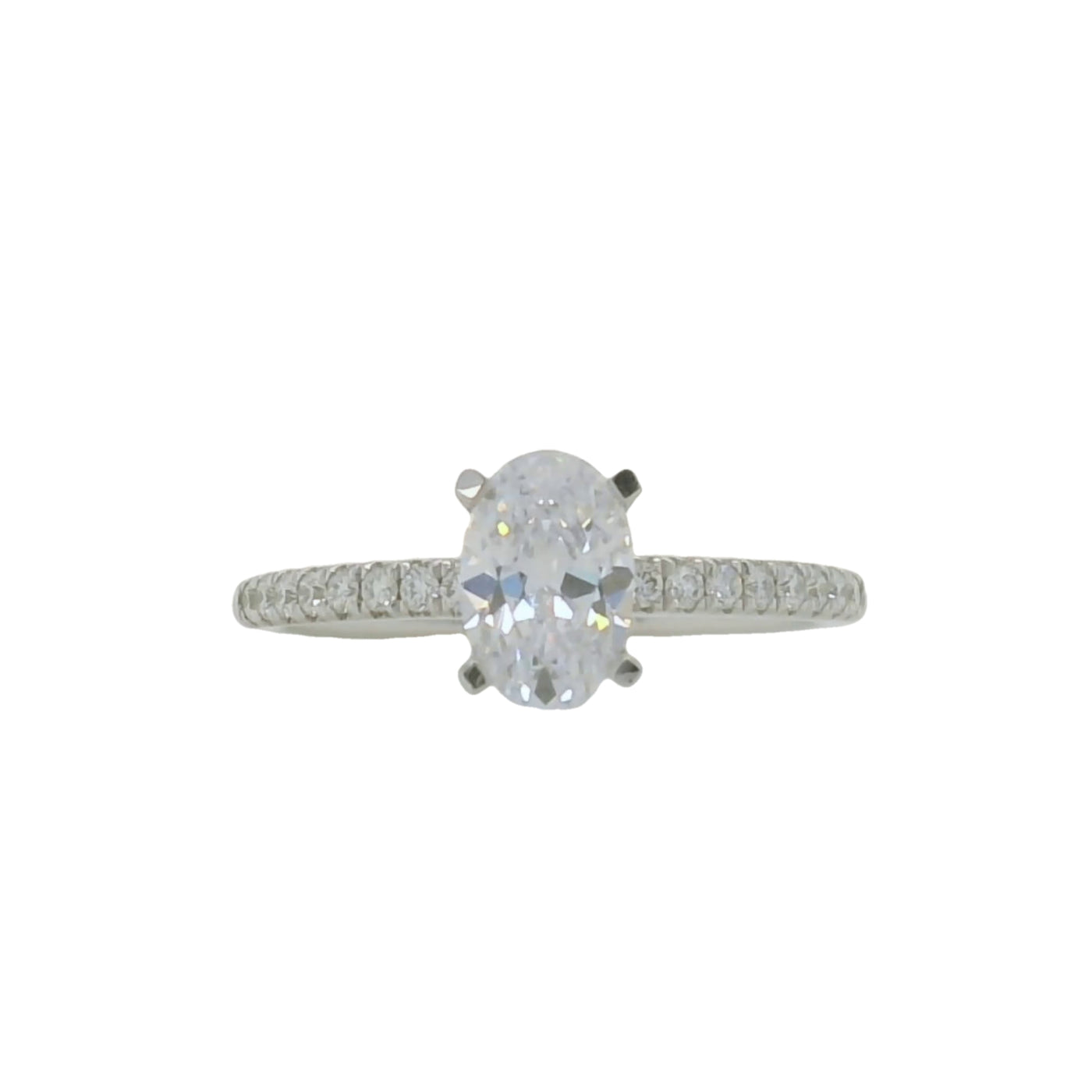 14k white gold semi mount engagement ring with oval center stone and diamond accent stones