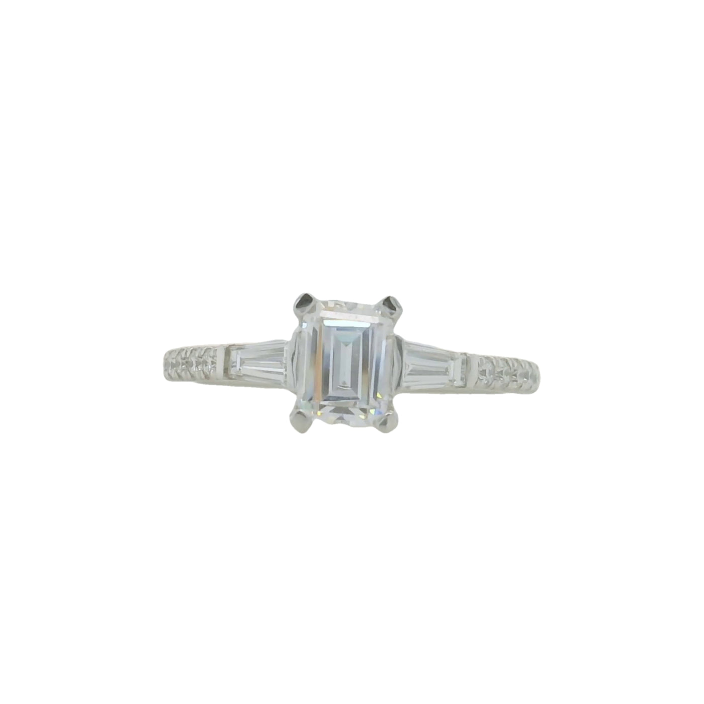 White Gold Emerald cut Engagement ring with baguette side stones and round accent diamonds