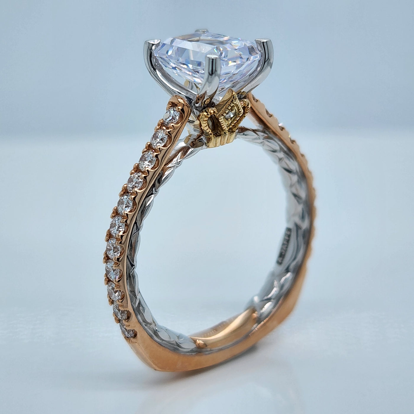 3 Tone Emerald Cut Engagement Ring With Euroshank