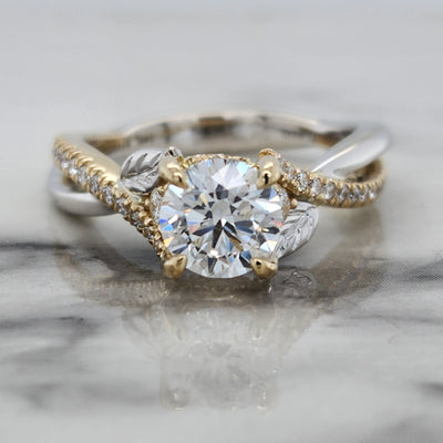 2 Tone White and Yellow Gold Engagement Ring With Floral and Diamond Accents