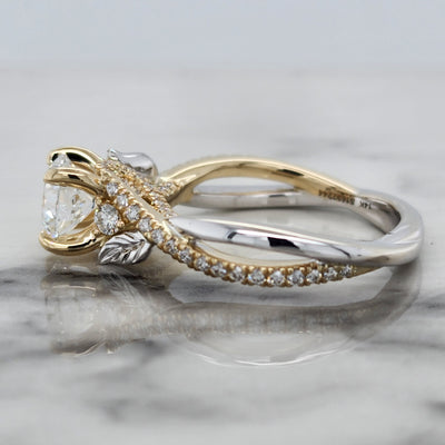 2 Tone White and Yellow Gold Engagement Ring With Floral and Diamond Accents
