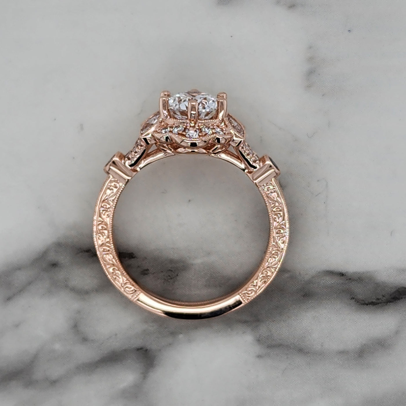 Custom Rose Gold Floral Engagement Ring With Sapphire and Diamond Accents