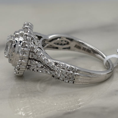 white gold oval engagement ring with double halo and accent diamonds