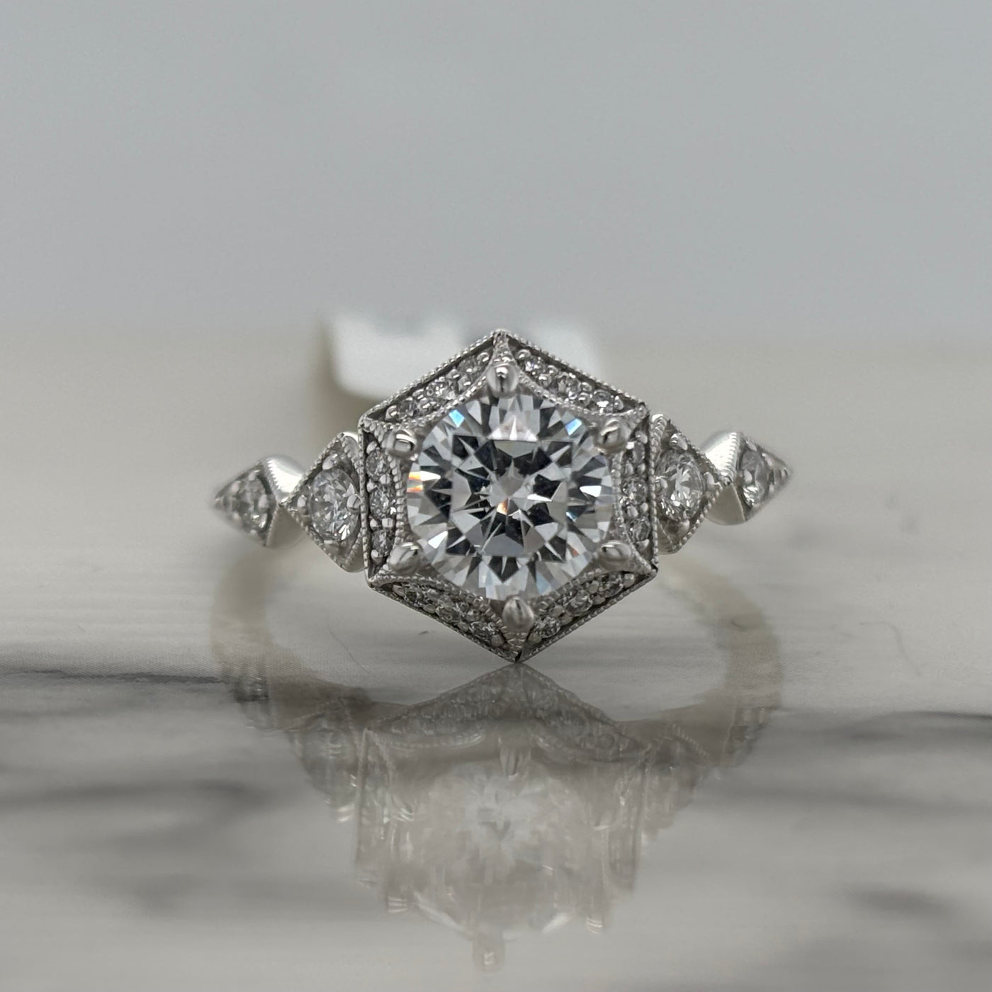 14k white gold semi mount engagement ring with hexagon halo and accent diamonds