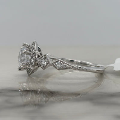 14k white gold semi mount engagement ring with hexagon halo and accent diamonds