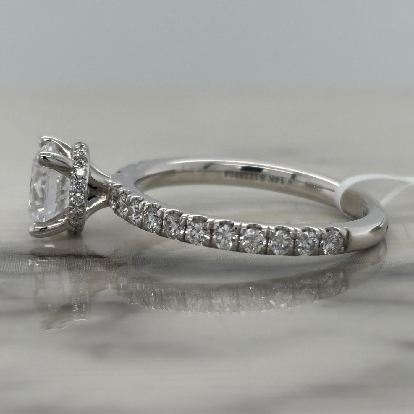 14k white gold semi mount engagement ring with hidden halo and accent diamonds