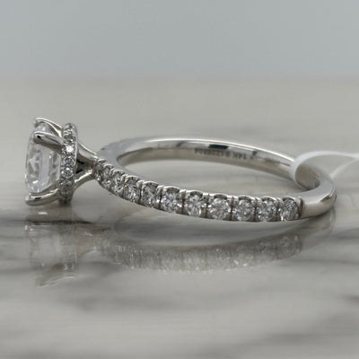 14k white gold semi mount engagement ring with hidden halo and accent diamonds