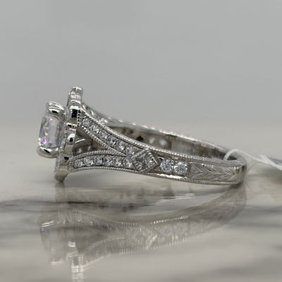 White Gold Round Engagement Ring With Floral Halo and Milgrain Detail
