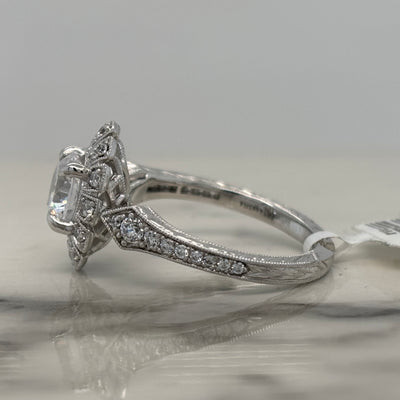 white gold round art deco engagement ring with oval halo and diamond accent stones