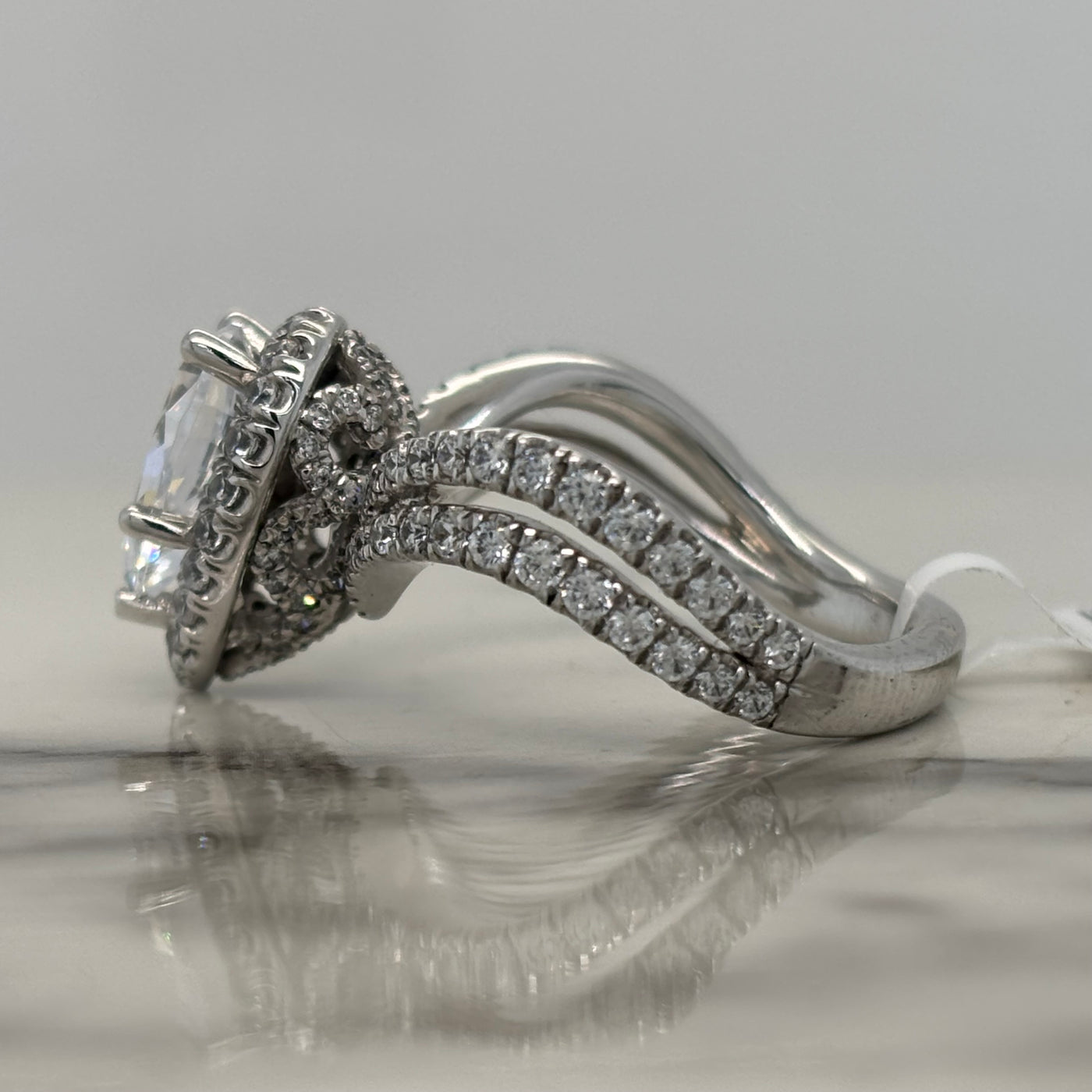 White Gold Pear Engagement Ring With Halo and Double Band