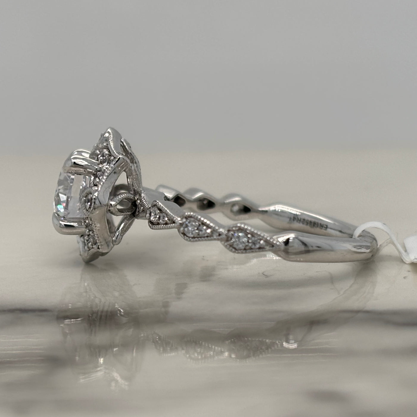 White Gold Round Engagement Ring With Art Deco Style and Milgrain Detail