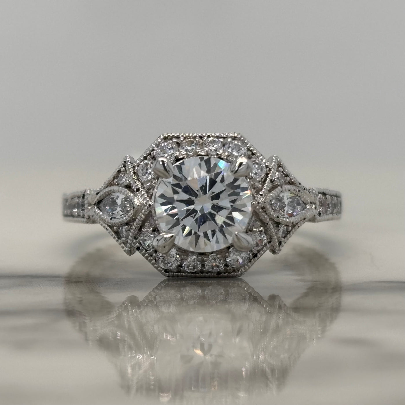 White Gold Round Vintage Style Engagement Ring with Marquise and Round Accent Diamonds
