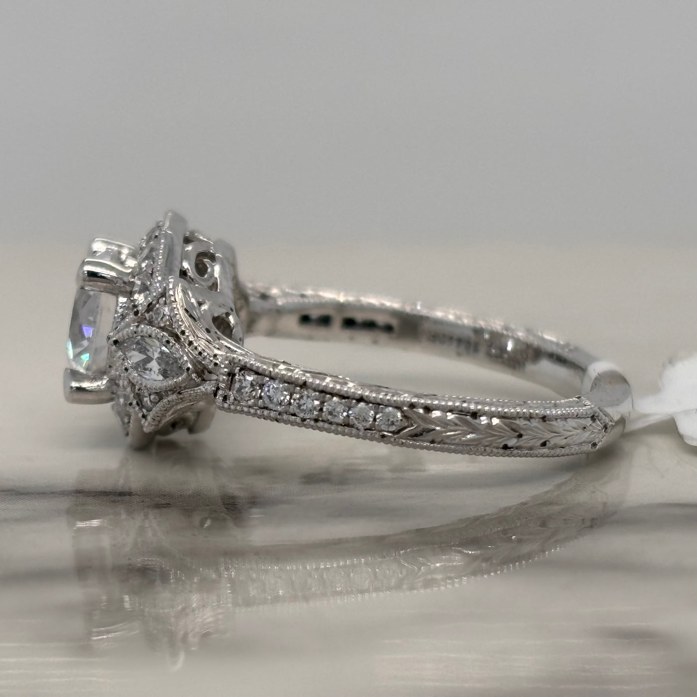 White Gold Round Vintage Style Engagement Ring with Marquise and Round Accent Diamonds