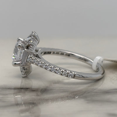 White Gold Round Engagement Ring With Art Deco Style Halo and Accent Diamonds