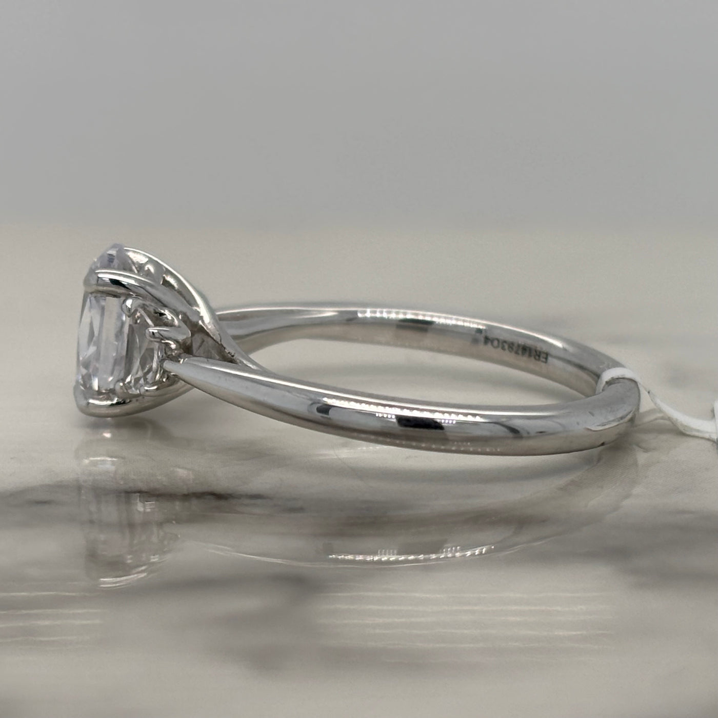 White Gold Oval 3 Stone Engagement Ring With Crescent Side Stones