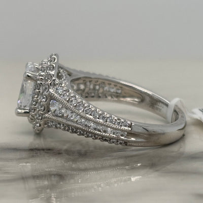 White Gold Oval Engagement Ring With Double Halo and Accent Diamonds